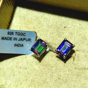 Mystic topaz emerald cut sterling silver studs